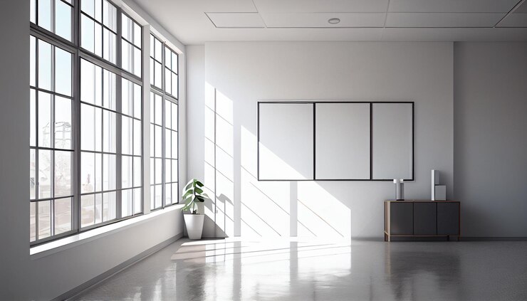 Habitación blanca vacía con dos marcos en blanco en la pared y vista de la ciudad ai generativa