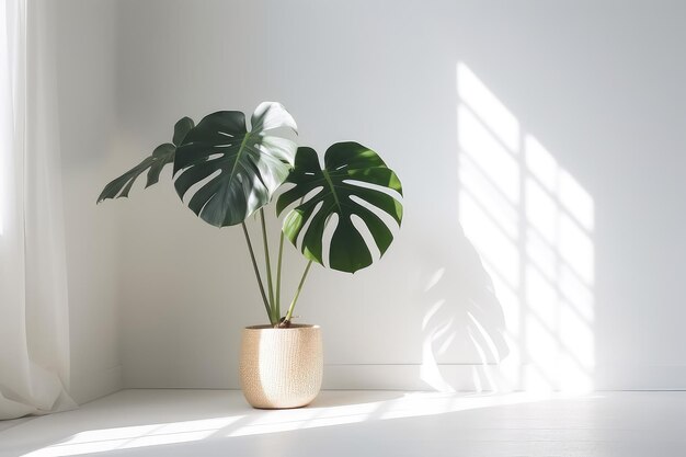 Habitación blanca vacía con una sola planta de monstera