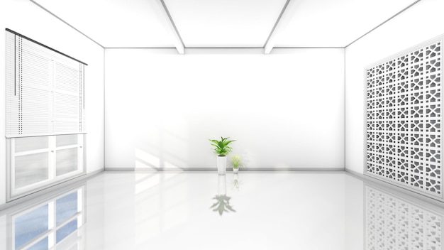 Habitación blanca vacía con ventana y plantas. representaciones 3d