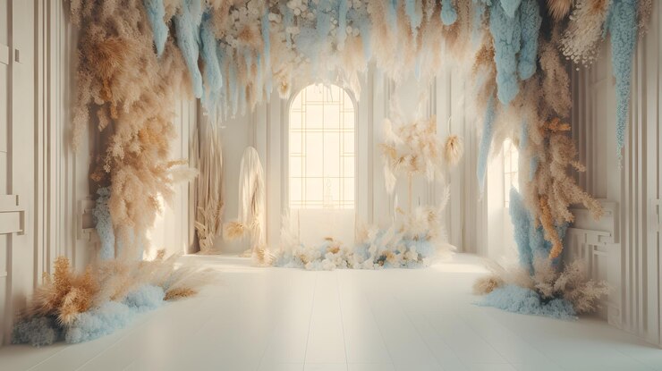 Una habitación blanca con una ventana y un fondo blanco con plumas y una gran ventana.