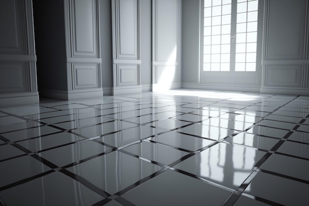 Una habitación blanca con una ventana grande y un piso blanco.