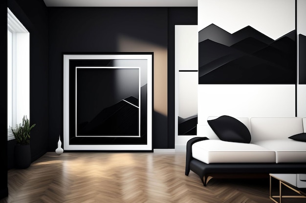 Una habitación en blanco y negro con un cuadro de montañas en la pared.