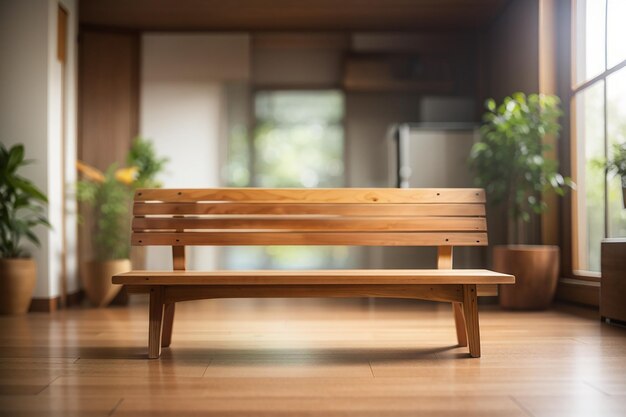 Habitación borrosa con un banco de madera.