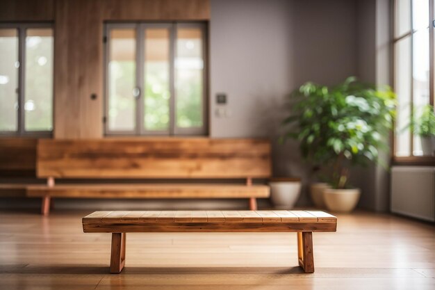 Habitación borrosa con un banco de madera.