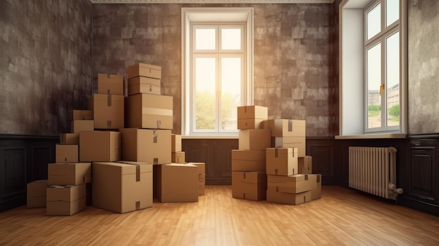 Una habitación con cajas y cajas en el suelo.