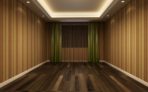 Habitación cálida brillante hermosa de la ilustración 3d, adornada con la cortina y el suelo de entarimado