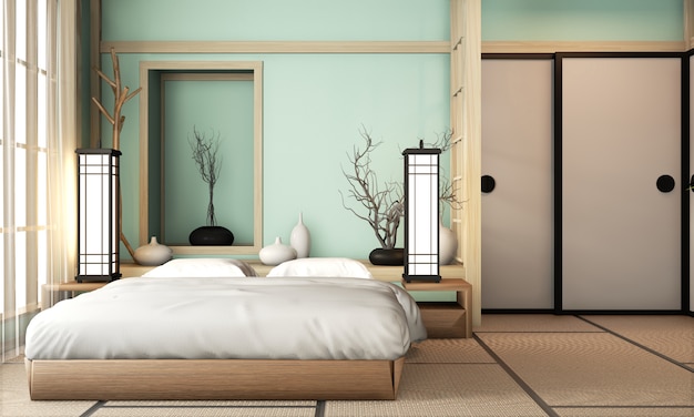Habitación de cama azul claro Ryokan de estilo muy japonés con piso de tatami y decoración. Renderizado 3D