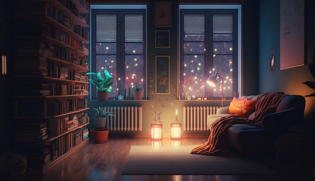 Una habitación con una cama y una biblioteca con una ventana iluminada detrás.