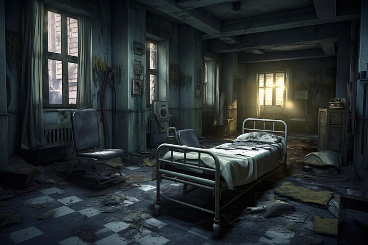 Una habitación con una cama y una cama rota en medio de la habitación.