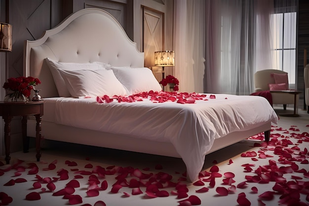 Habitación con cama decorada con pétalos de rosa para el día de San Valentín.