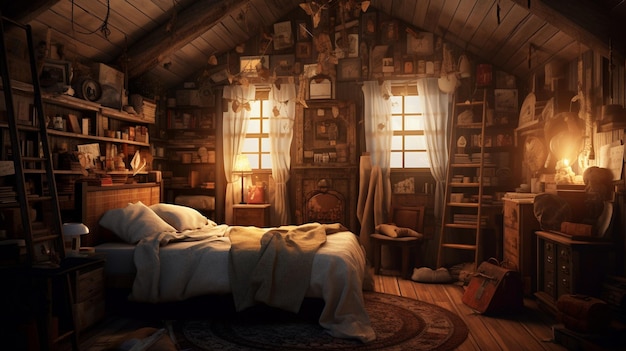 Una habitación con una cama y un estante lleno de libros.