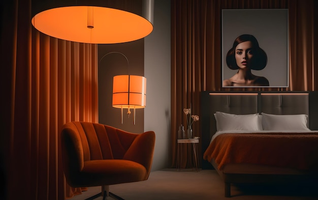 Una habitación con una cama, una lámpara y una lámpara con la imagen de una mujer.