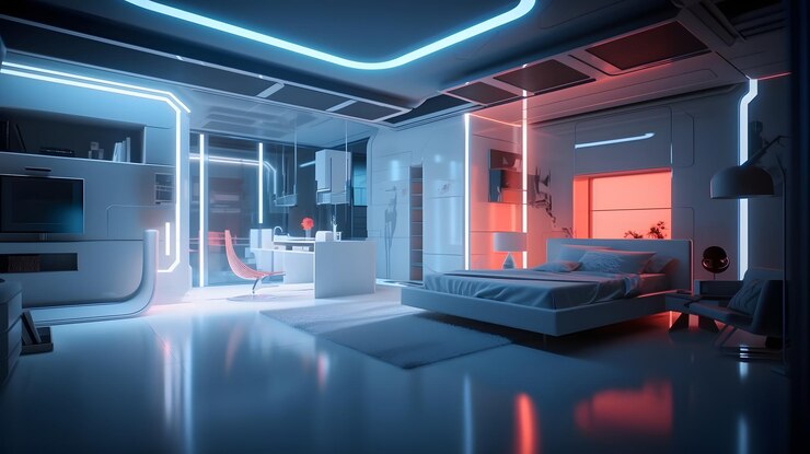Una habitación con una cama y una lámpara que dice 'la habitación es un neón'