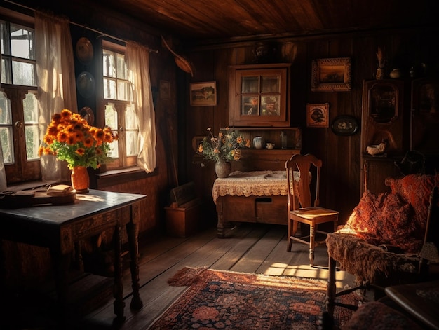 Una habitación con una cama y una mesa con un jarrón de flores.