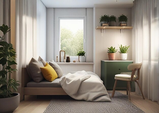 una habitación con una cama una mesa una silla y plantas en maceta