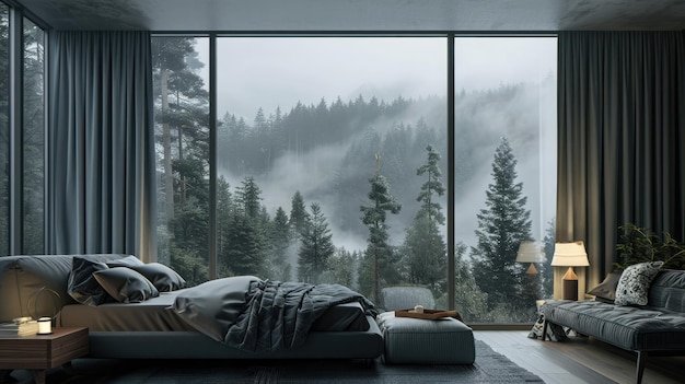 una habitación con una cama y una montaña en el fondo