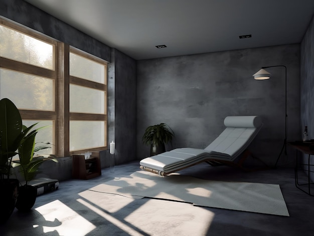 Una habitación con una cama y una planta en la pared.