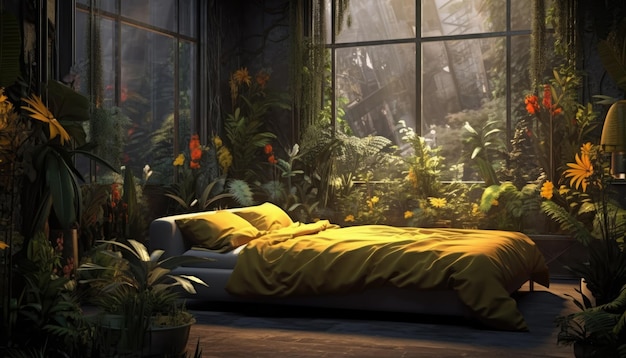 Una habitación con una cama y plantas al fondo.