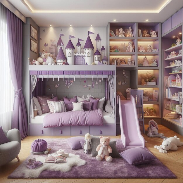 una habitación con una cama púrpura y una cubierta de cama pórpura y un dosel púrpura con cubierta de bedspread púrpura