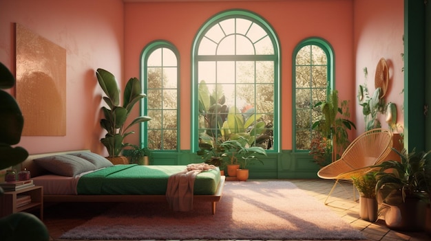 Una habitación con una cama y una silla frente a una ventana que dice 'habitación verde'