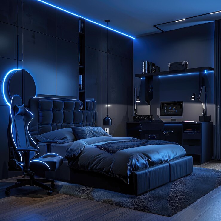 una habitación con una cama y una silla con una luz azul en ella