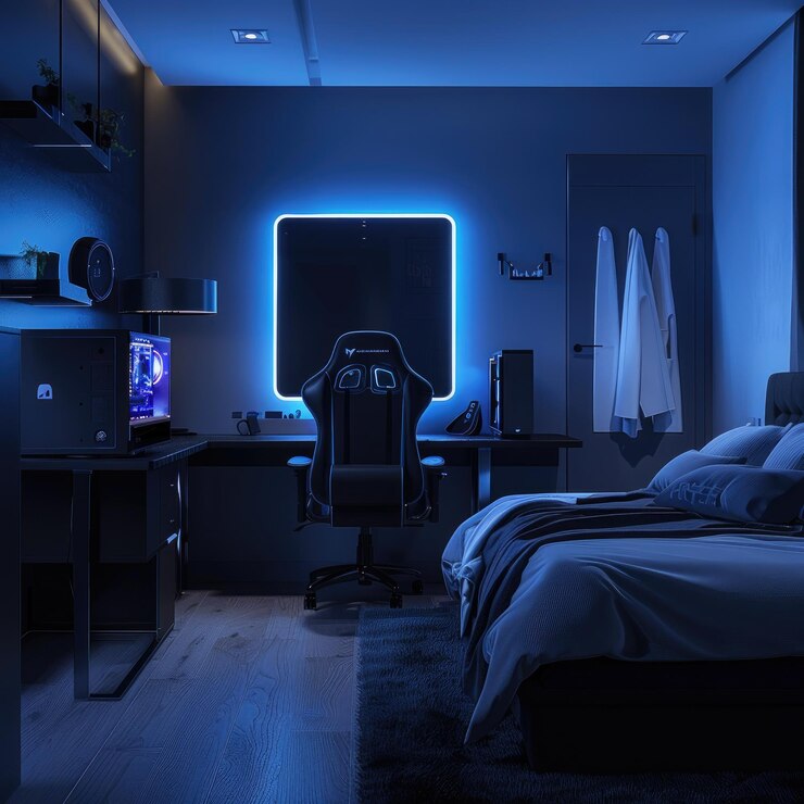 una habitación con una cama un televisor y un letrero que dice "tp quot"