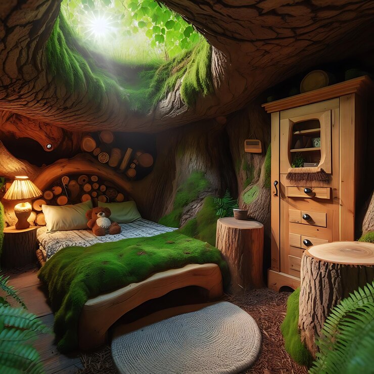 una habitación con una cama verde y una manta verde en la cama
