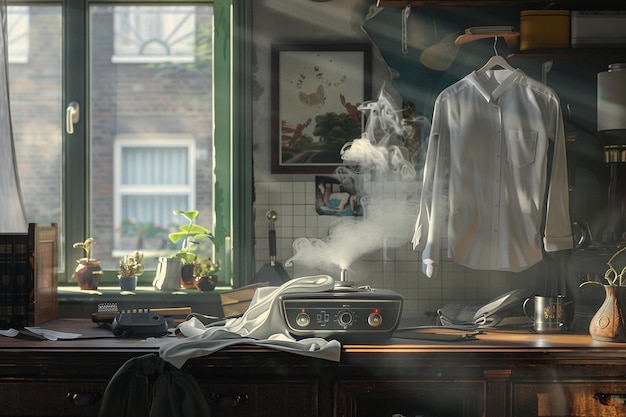 una habitación con una camisa en el estante y una foto de un fumador