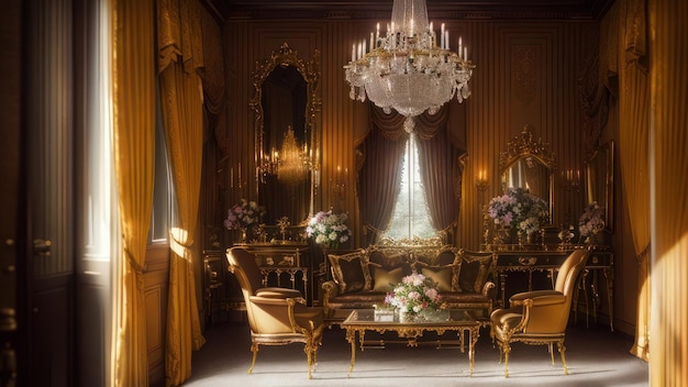 Una habitación con un candelabro y un candelabro que dice 'el palacio de versalles'