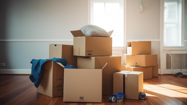 Foto una habitación en una casa con la luz del sol fluyendo a través de la ventana iluminando una pila de cajas de cartón que sugieren un proceso de mudanza o reubicación