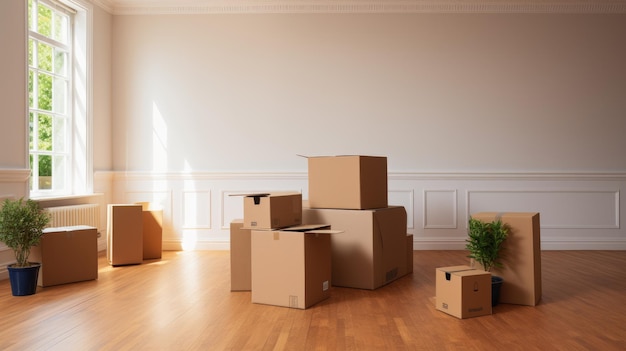 Una habitación en una casa con la luz del sol fluyendo a través de la ventana iluminando una pila de cajas de cartón que sugieren un proceso de mudanza o reubicación