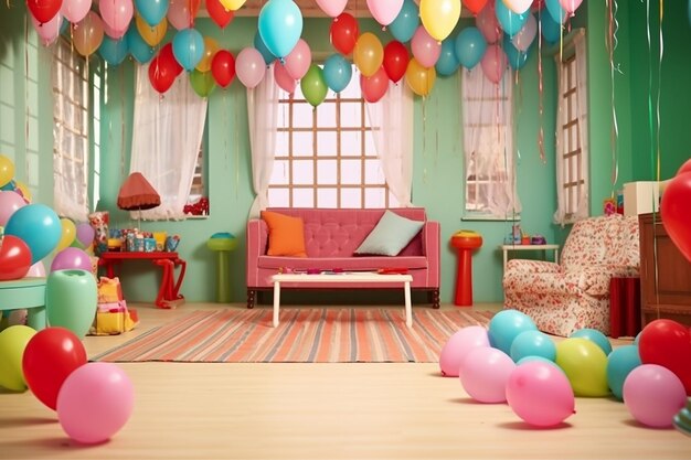 La habitación de la casa de muñecas con globos flotantes