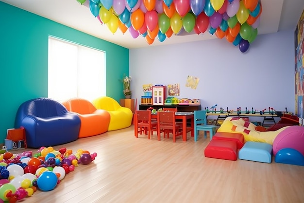 La habitación de la casa de muñecas con globos flotantes