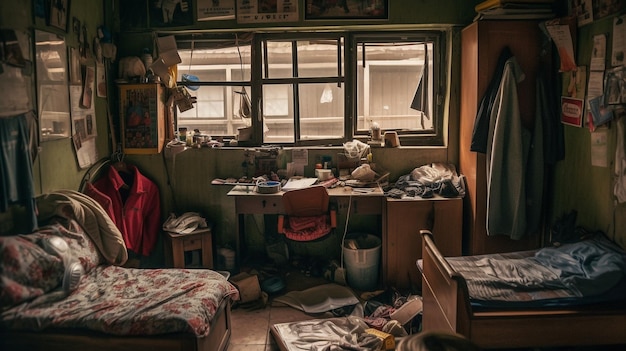 Una habitación con una chaqueta roja en la pared del fondo y una cama con una camisa roja encima.