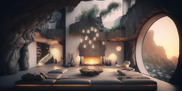 Una habitación con chimenea y un árbol en el medio.