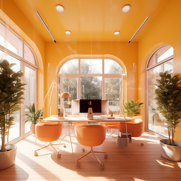 Una habitación de color naranja brillante con un escritorio blanco y una computadora en la pared