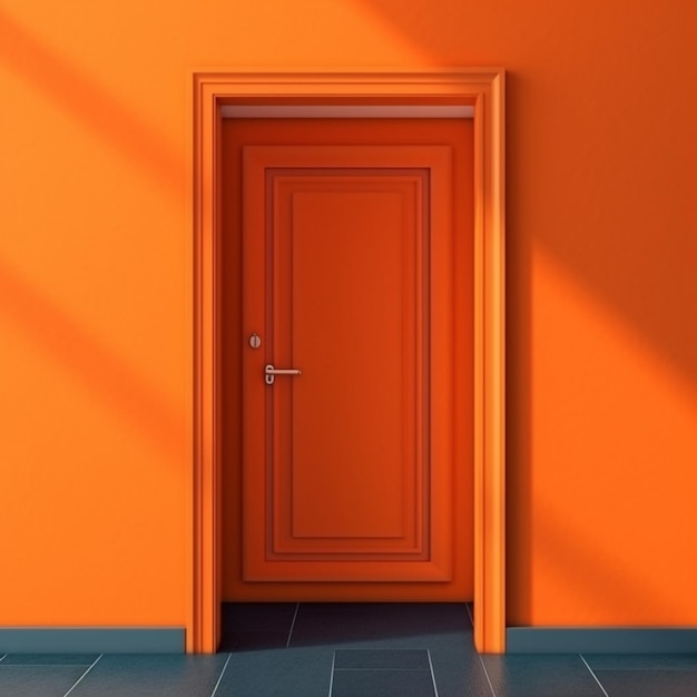 Una habitación de color naranja brillante con una puerta y la palabra "en ella"