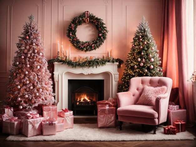 En una habitación de color rosa chimenea sillón cargado de regalos árbol crear festivo acogedor ambiente de Navidad