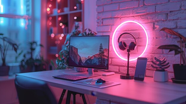 En esta habitación de colores blancos se puede ver un escritorio con un ordenador portátil micrófono teléfono una lámpara de anillo led en un trípode luces de neón y una mesa de streamer con un computador portátil un micrófón y un teléfono esta habitación