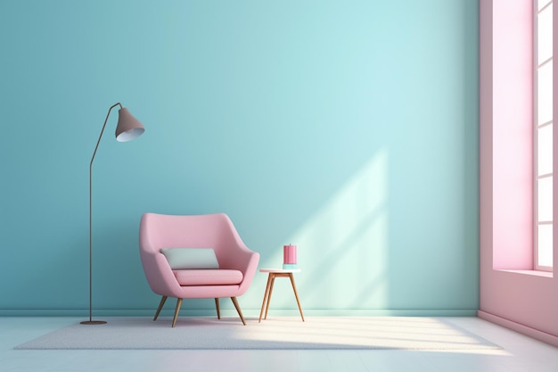 Una habitación de colores brillantes con una silla rosa y una lámpara rosa ai generativa.