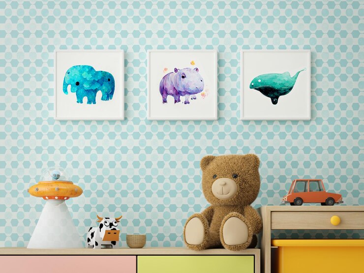 Habitación en colores pastel para estante de cajones para niños y linda imagen en papel tapiz azul