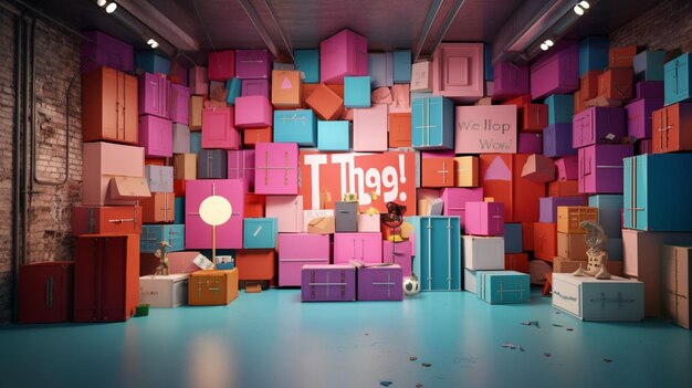 una habitación colorida con un montón de cajas