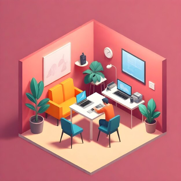 una habitación colorida con una pared rosa y una computadora y una planta en la pared