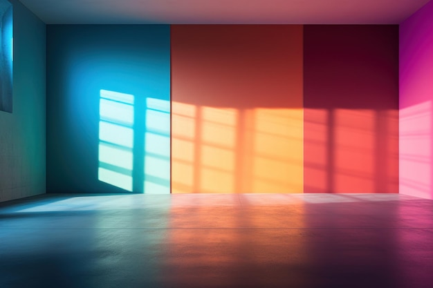 Una habitación colorida con patrones de sombras en las paredes