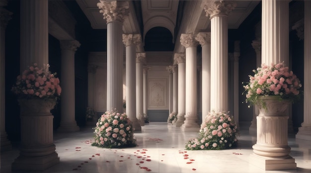 Una habitación con columnas y flores en los pisos por generative ai