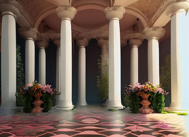 Una habitación con columnas y flores en los pisos