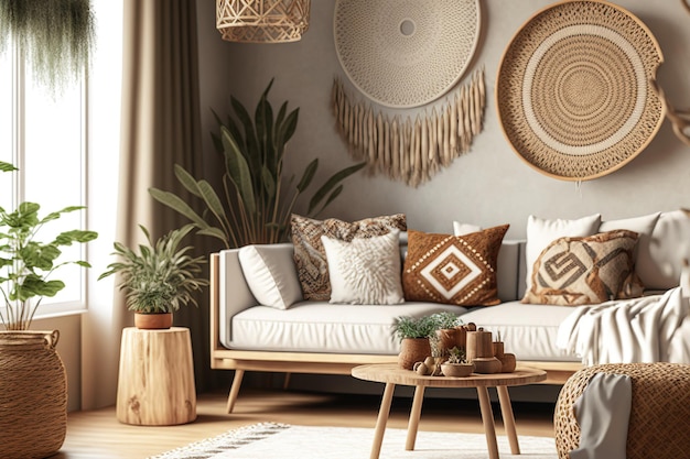 Habitación cómoda de fondo interior Scandi Boho con muebles de madera natural