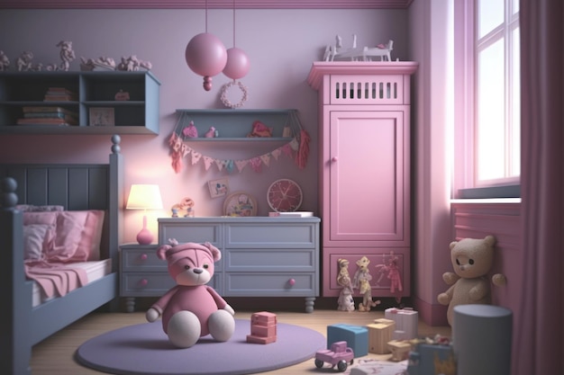 Una habitación con una cómoda rosa y un osito de peluche en el suelo.