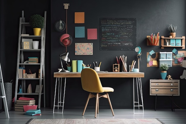 Foto una habitación contemporánea con un escritorio y toques coloridos y una pizarra falsa en la pared gris