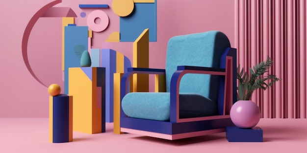 habitación contemporáneo sillón sofá diseño geométrico hogar vistoso arte memphis interior IA generativa